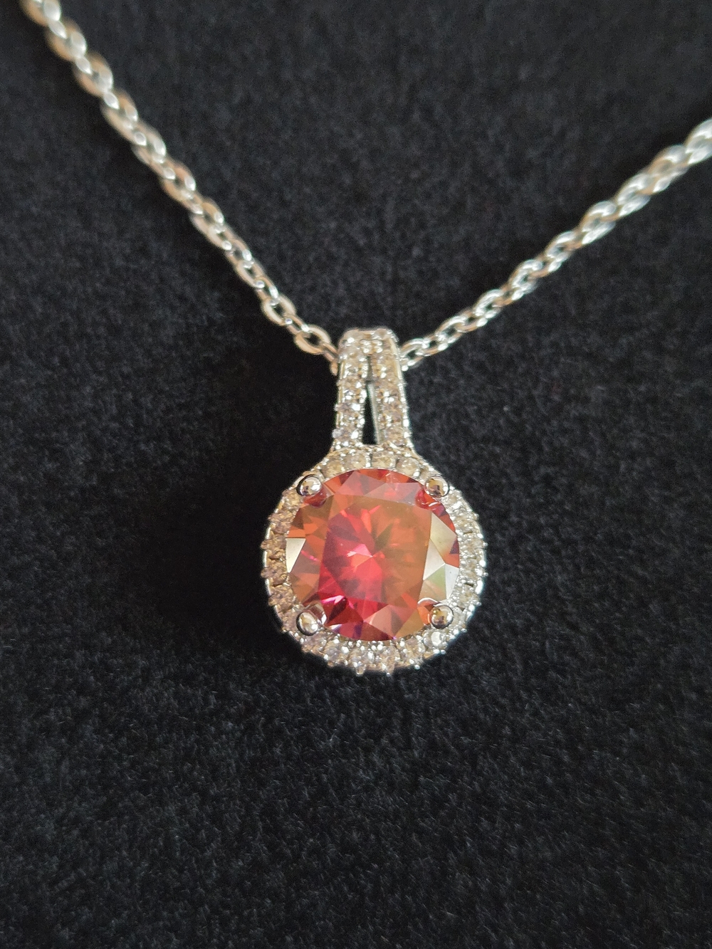 Moissanite 2 Carat Watermelon Red Halo Pendant Necklace in Silver Tone - Picture 4 of 11